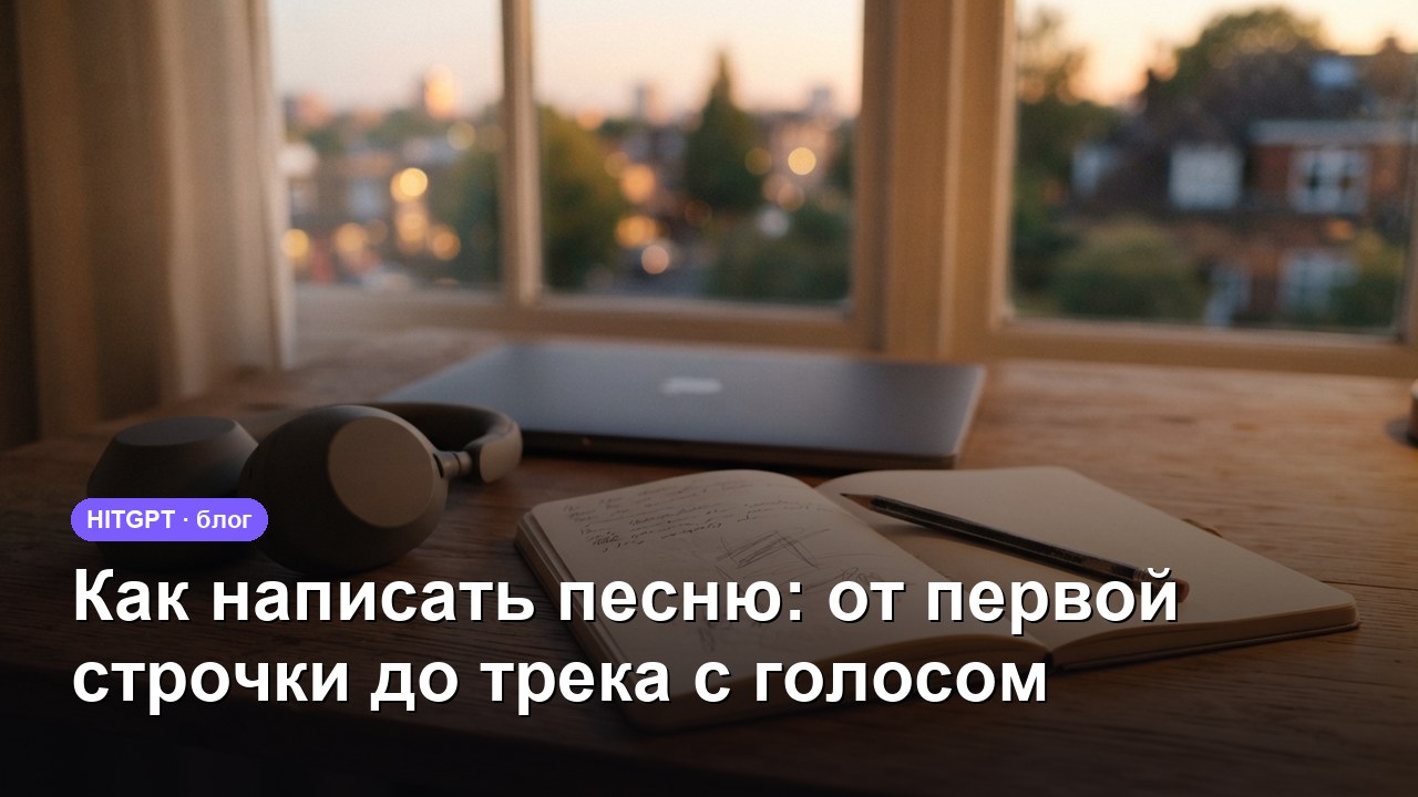 Как написать песню — блокнот с текстом, наушники и ноутбук на столе у окна