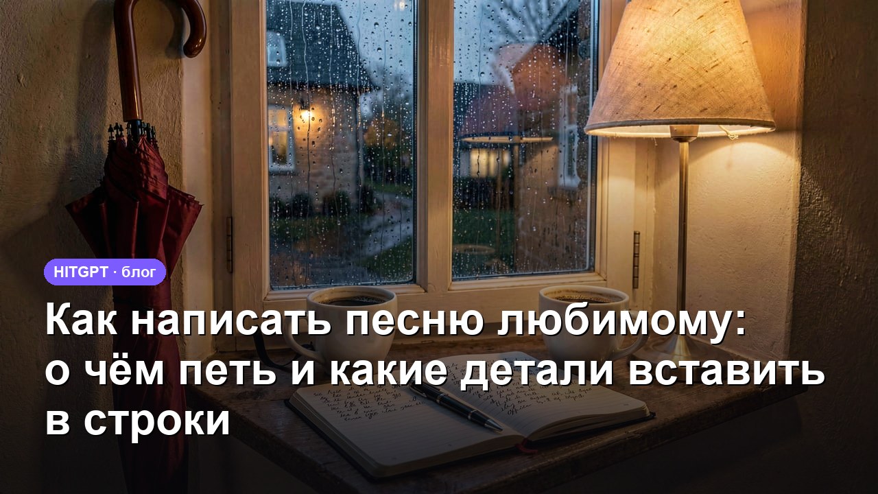 Как написать песню любимому — две чашки кофе на подоконнике в дождливый вечер, открытый блокнот с ручкой и красный зонт у стены