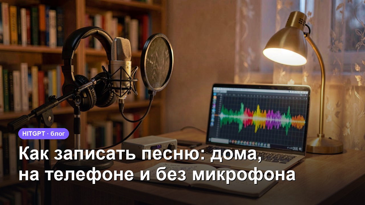 Как записать песню — микрофон с поп-фильтром, наушники, ноутбук со звуковой волной и тетрадь с текстом на домашнем столе