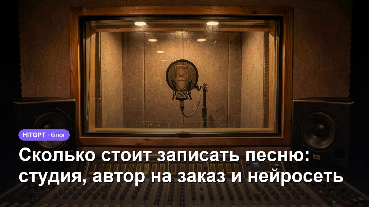 Сколько стоит записать песню — студия звукозаписи, микрофон с поп-фильтром за стеклом вокальной кабины и микшерный пульт на переднем плане