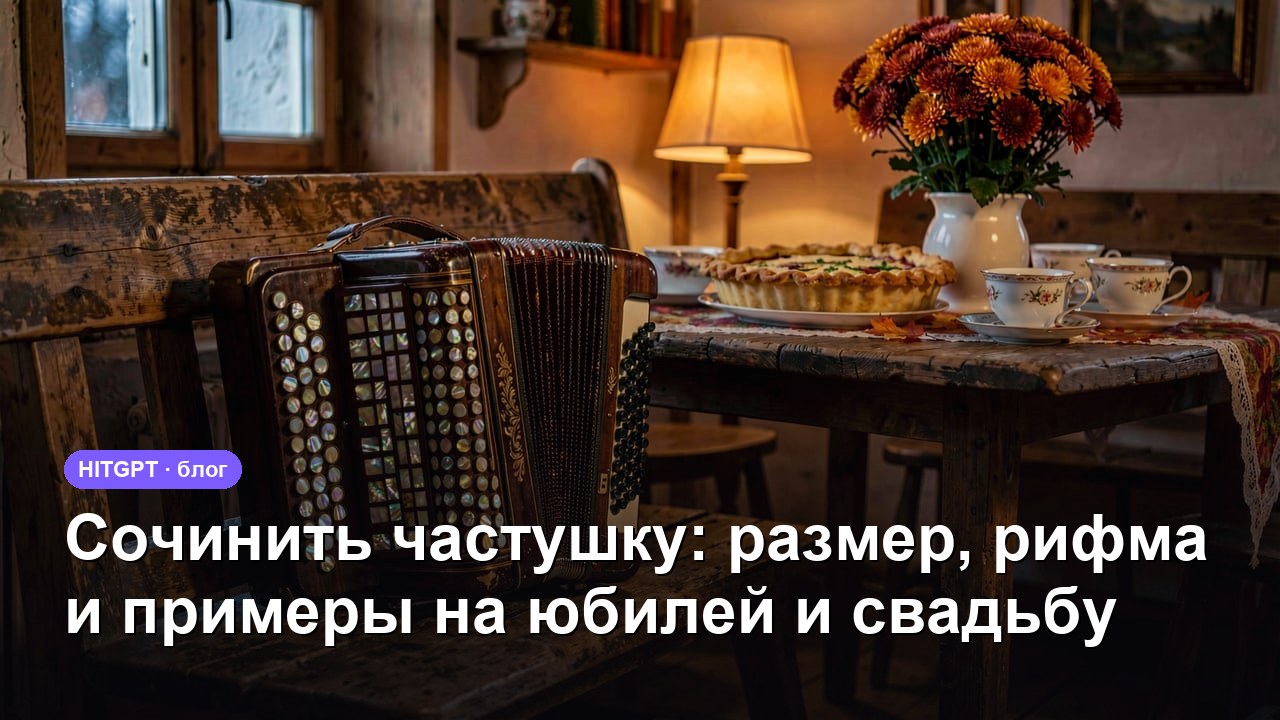 Сочинить частушку — баян на деревянной лавке у праздничного стола с пирогом, чашками и осенними хризантемами