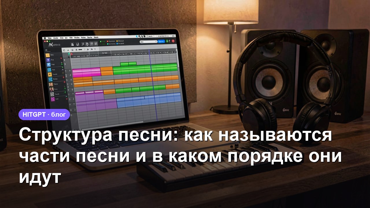 Структура песни — ноутбук с цветными блоками аранжировки на экране, MIDI-клавиатура, наушники и мониторы в домашней студии