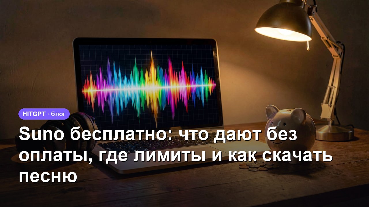 Suno бесплатно — ноутбук с разноцветной звуковой волной на экране, наушники и копилка с монетами на деревянном столе